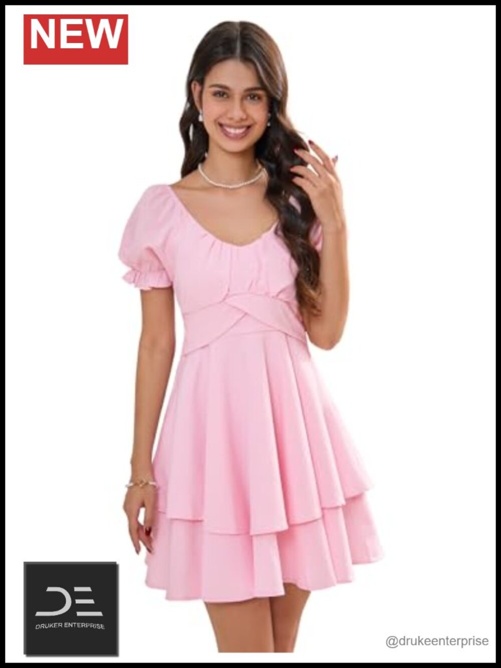 Womens Summer Lantern Sleeve A-Line V-Neck Mini Dress Double-Layer